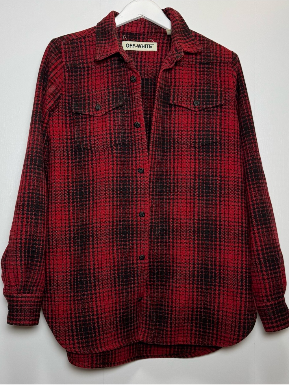 Off-White FW20 Tartan Diagonal Plaid Textured Overshirt Red Black Sz S